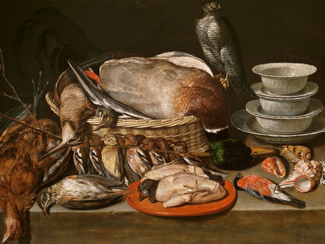 Bodegón con gavilán, aves, porcelana y conchas. Clara Peeters. Óleo sobre tabla, 52 x 71 cm. 1611. Madrid, Museo Nacional del Prado.