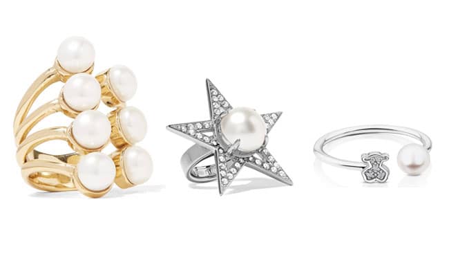 Tres modelos diferetes de anillos con perlas